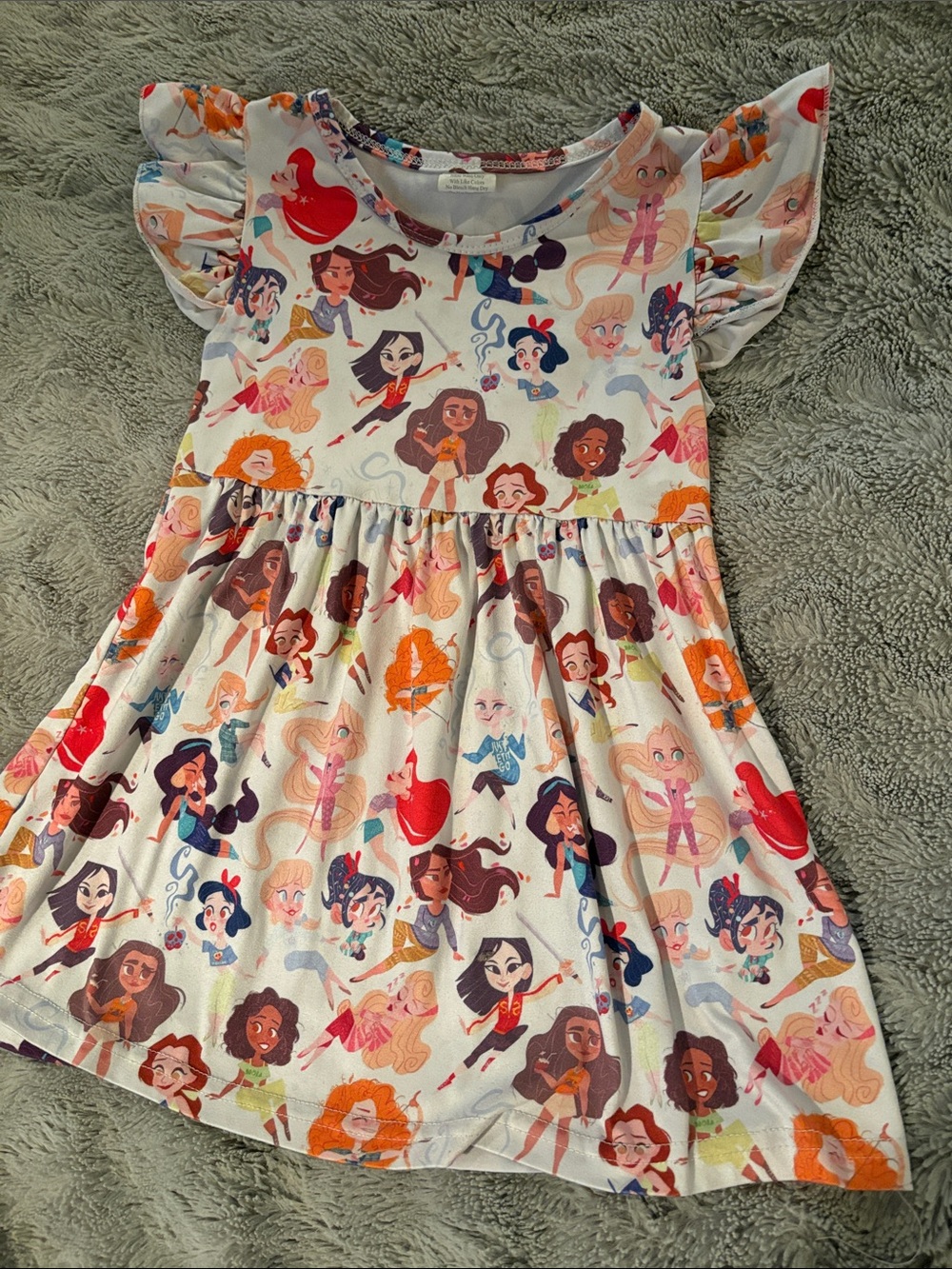 Girls' White Multicolor Character-Print Flutter-Sleeve Dress